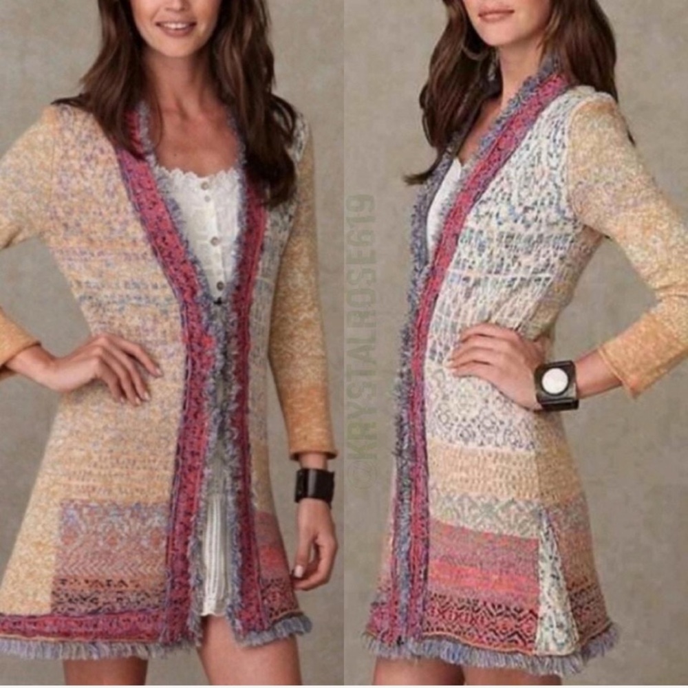 Free People Multicolor Crochet Trim Duster Cardigan - Pink, Blue, Cream